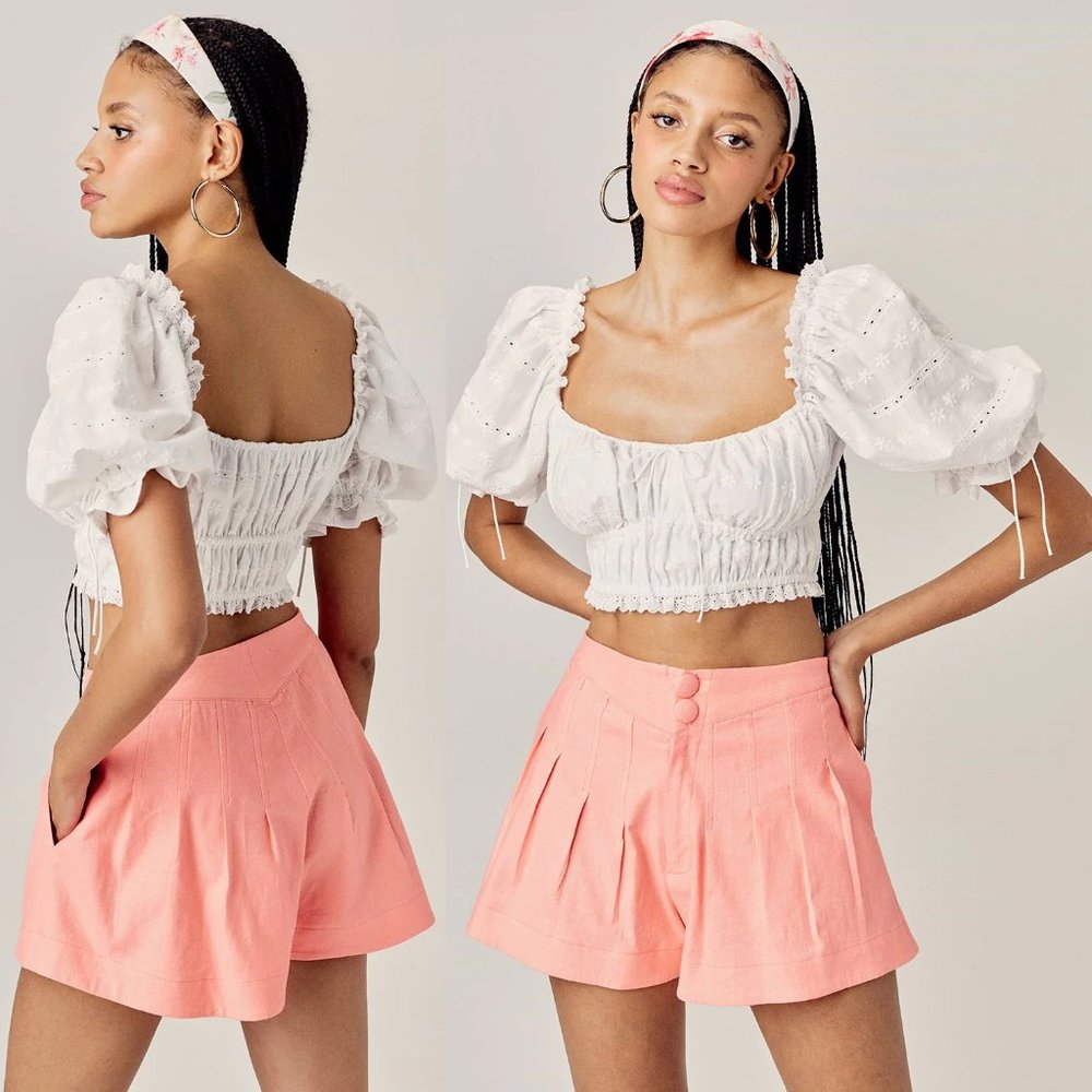 NWT For Love & Lemons linen blend mango coral Millie Pleated shorts